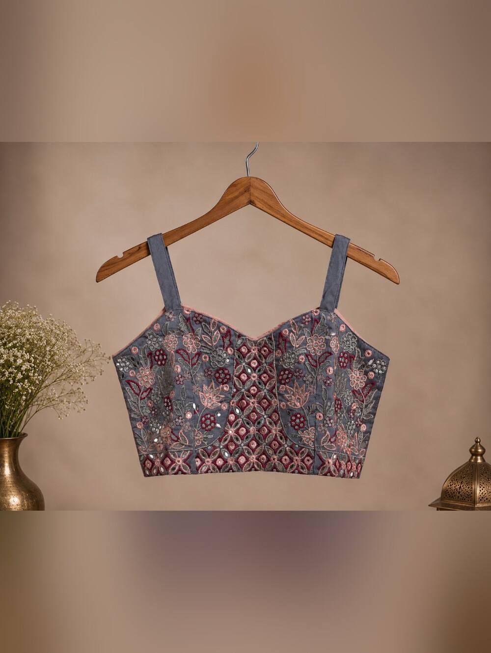 Grey & Blush Pink Embroidered Lehenga Choli Set with Printed Dupatta XS - Picture 5 of 8